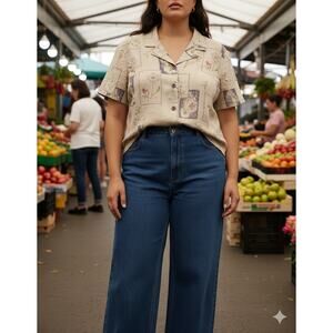 Vintage Size 24 Linen blend Short Sleeve Button-Down Blouse Grandma core/Artsy